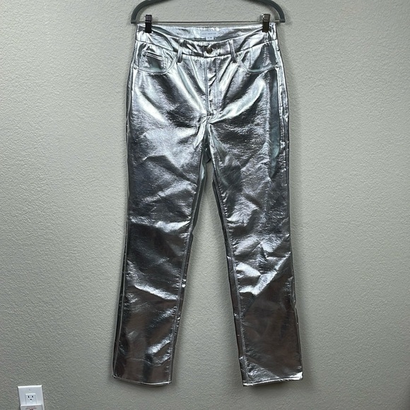 Good American Faux Leather Good Icon Straight Pants Silver Metallic Disco 8 29 - Picture 3 of 14